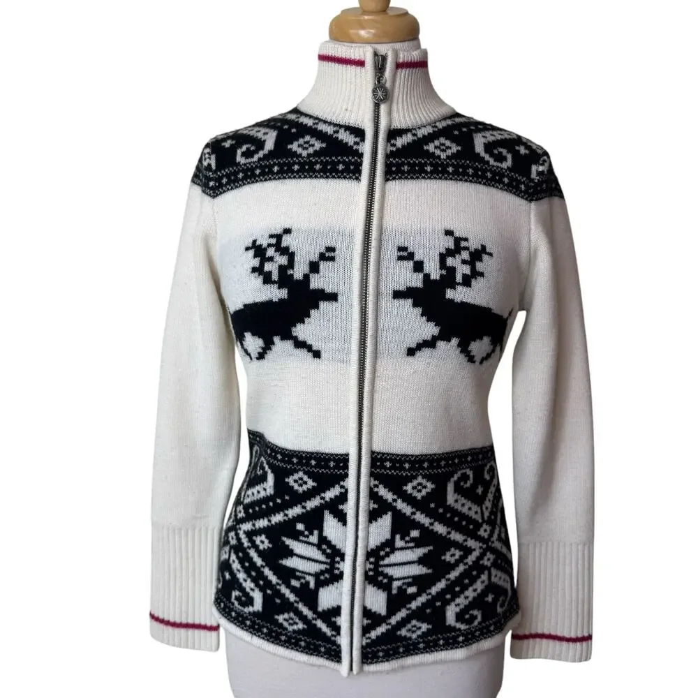NEVE Ski Reindeer 100% Wool Full Zip Up Sweater Size Medium